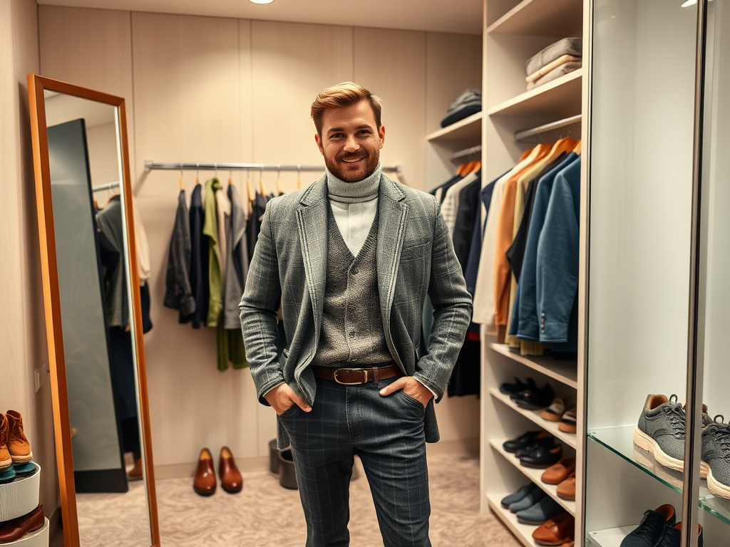 Un homme souriant en costume élégant se tient dans un dressing moderne, entouré de vêtements et de chaussures.