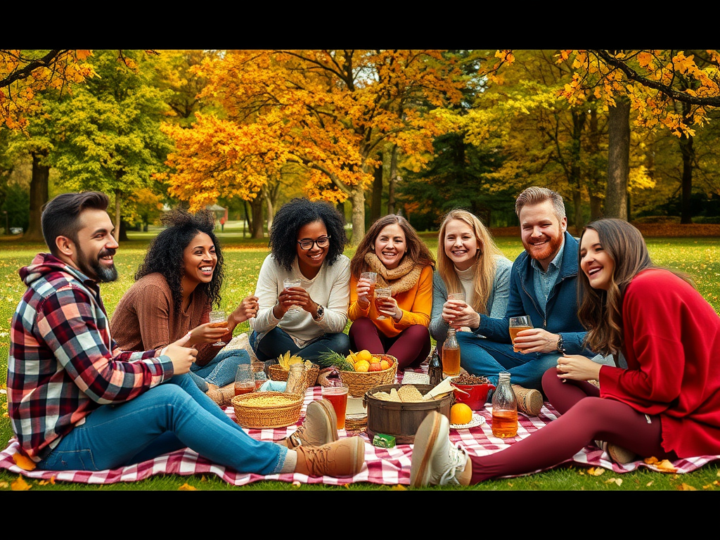 Un groupe d'amis souriants profite d'un pique-nique en automne, entourés d'arbres aux couleurs vives et de boissons.