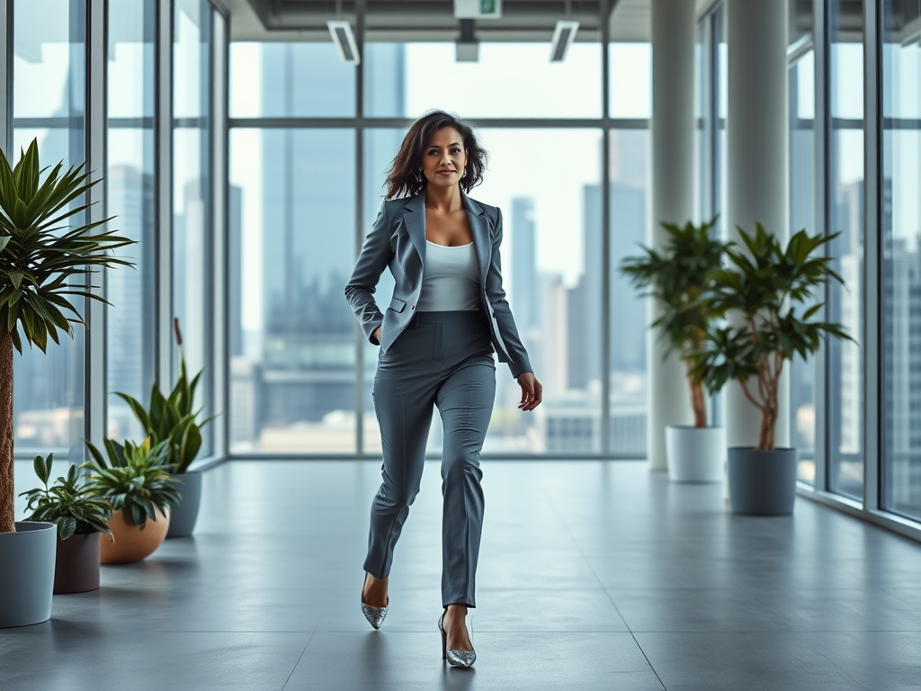 Une femme en costume gris marche avec assurance dans un bureau moderne, entourée de grandes fenêtres et de plantes.