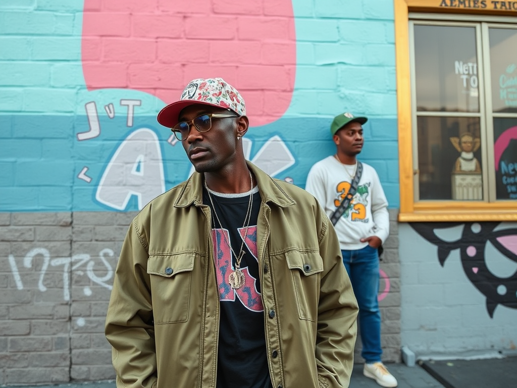 Deux hommes devant un mur coloré, l'un portant une casquette et une veste, l'autre en sweat-shirt et casquette.