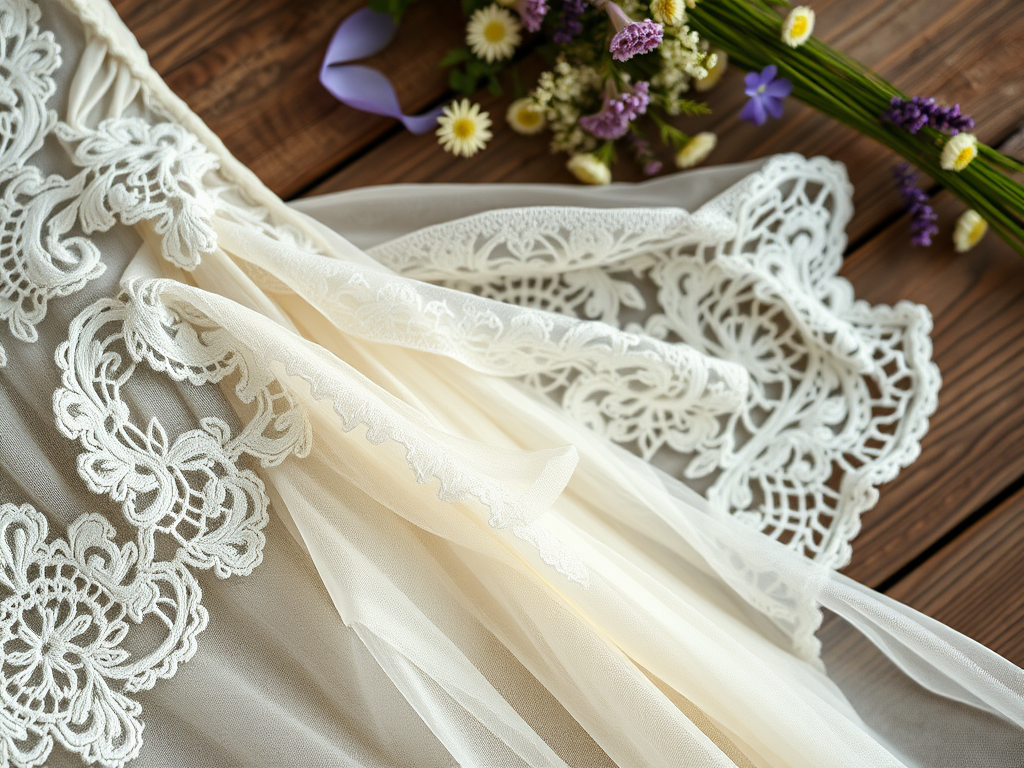 Une robe délicate en dentelle blanche avec des fleurs fraîches, posée sur une table en bois.