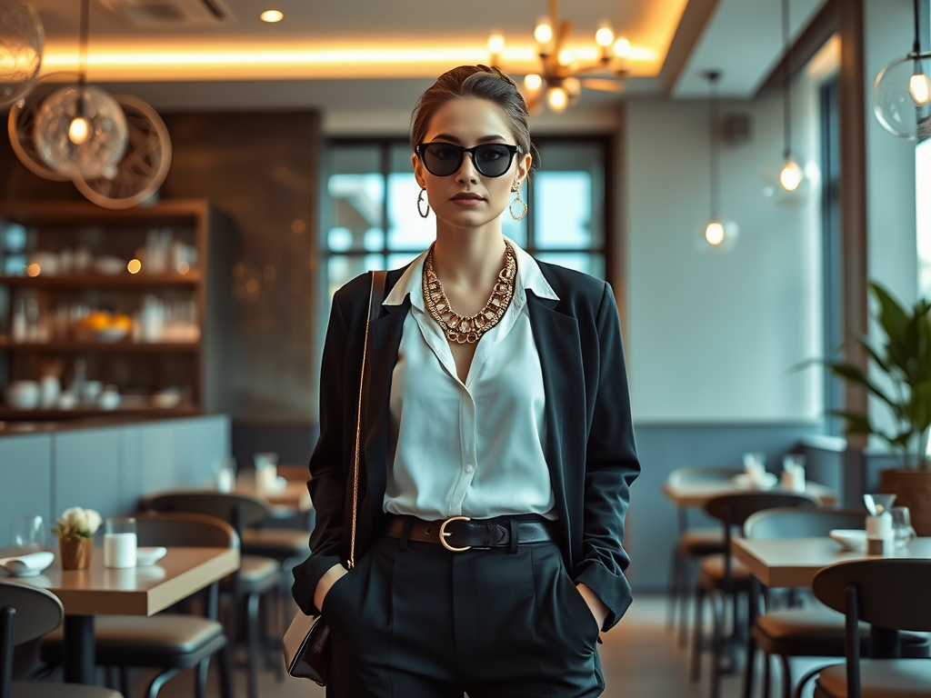 Une femme élégante en costume, lunettes de soleil, se tient dans un café moderne avec des tables.