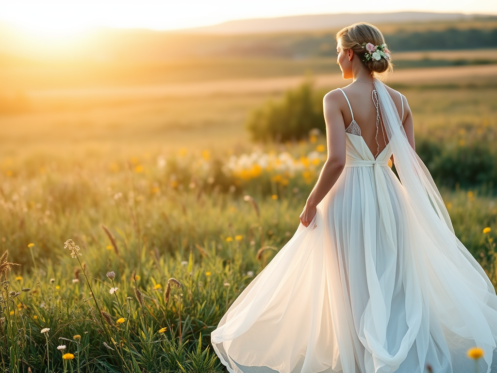 Une femme en robe blanche se promène dans un champ fleuri au coucher du soleil, les cheveux ornés de fleurs.