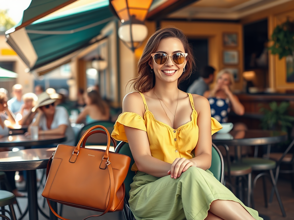 Une femme souriante porte un haut jaune et une jupe verte, assise en terrasse avec un sac à main en cuir.