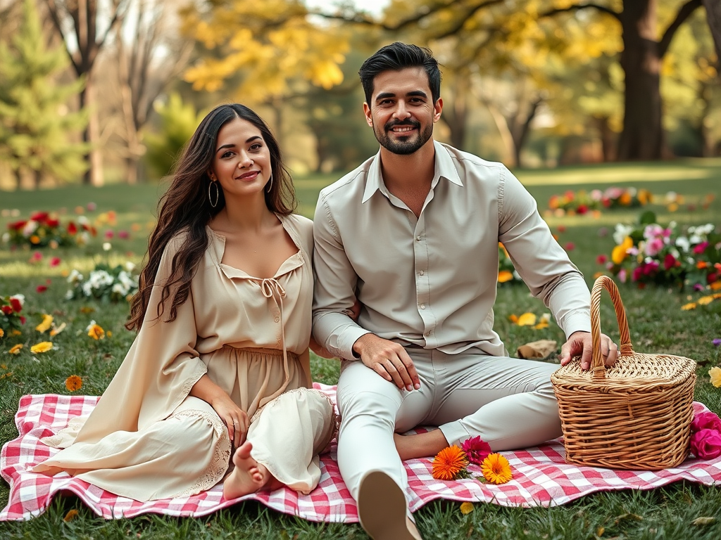 Un couple souriant assis sur une nappe à carreaux, entouré de fleurs, avec un panier pique-nique à leurs côtés.