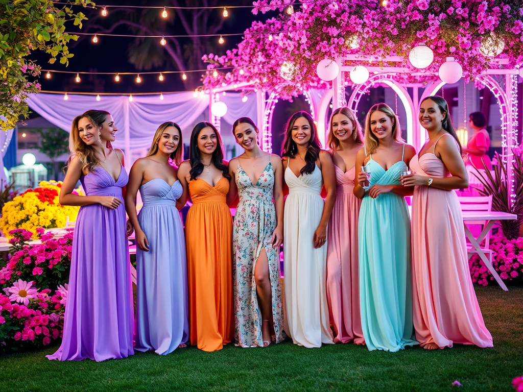 Neuf femmes en robes colorées devant une décoration florale, souriant sous des lumières scintillantes.