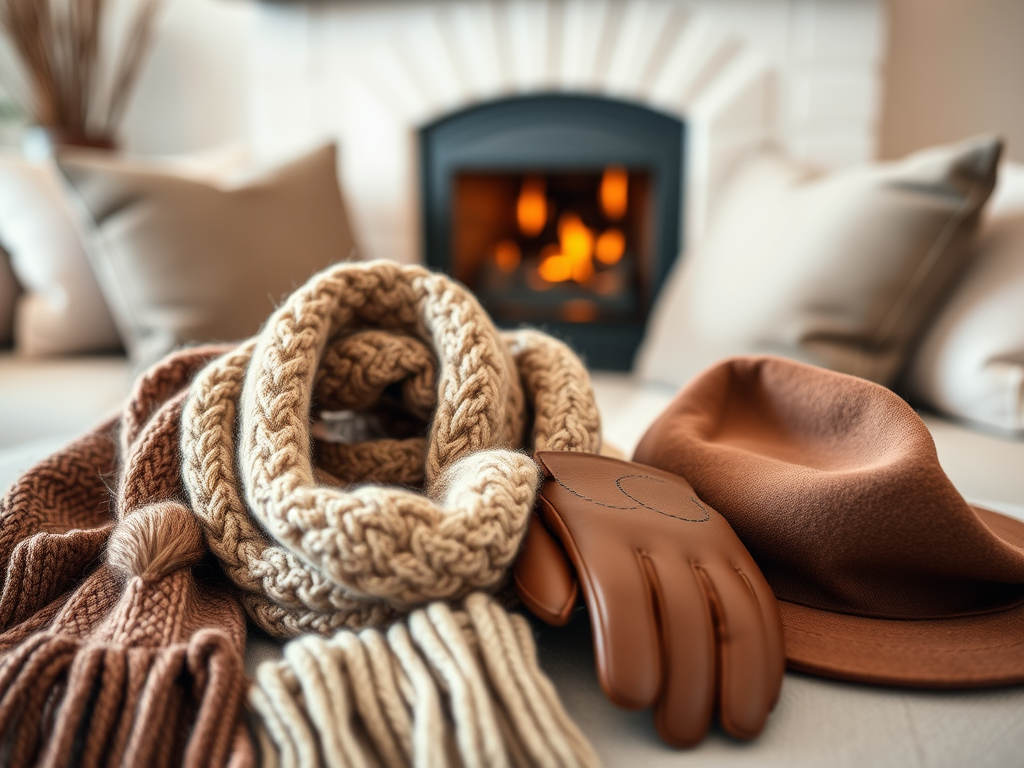 Écharpes, gants et chapeau en laine posés près d'une cheminée crépitante dans un intérieur cosy et chaleureux.