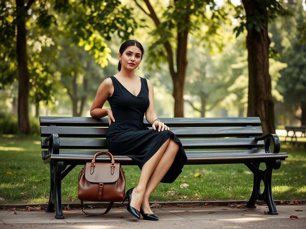 Une femme élégante en robe noire assise sur un banc, avec un sac à main, entourée d’arbres dans un parc.