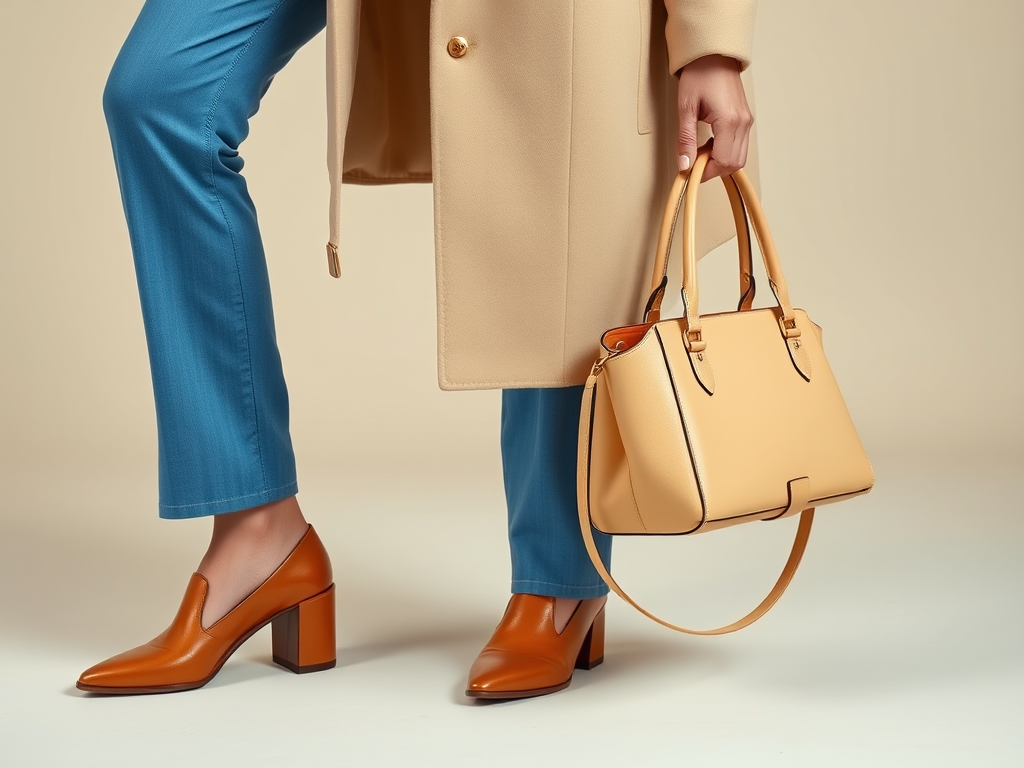 Une femme porte un manteau beige, un sac à main jaune et des chaussures à talons marron. Pantalon bleu.