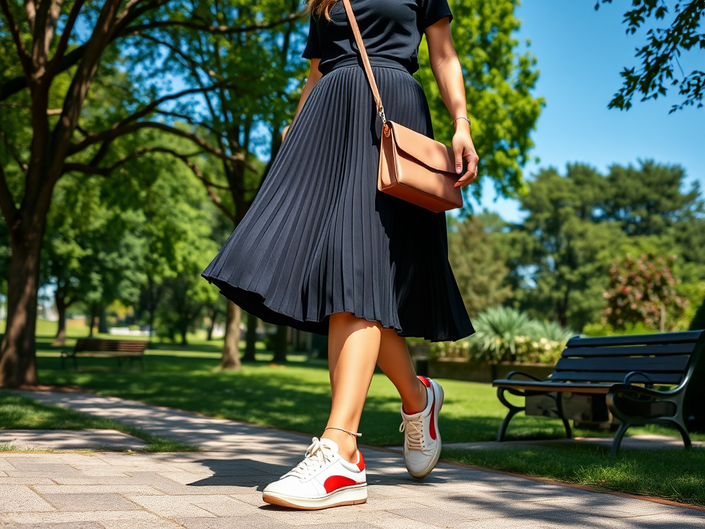 Une femme marche dans un parc, portant une jupe plissée noire et des baskets blanches avec des détails rouges.