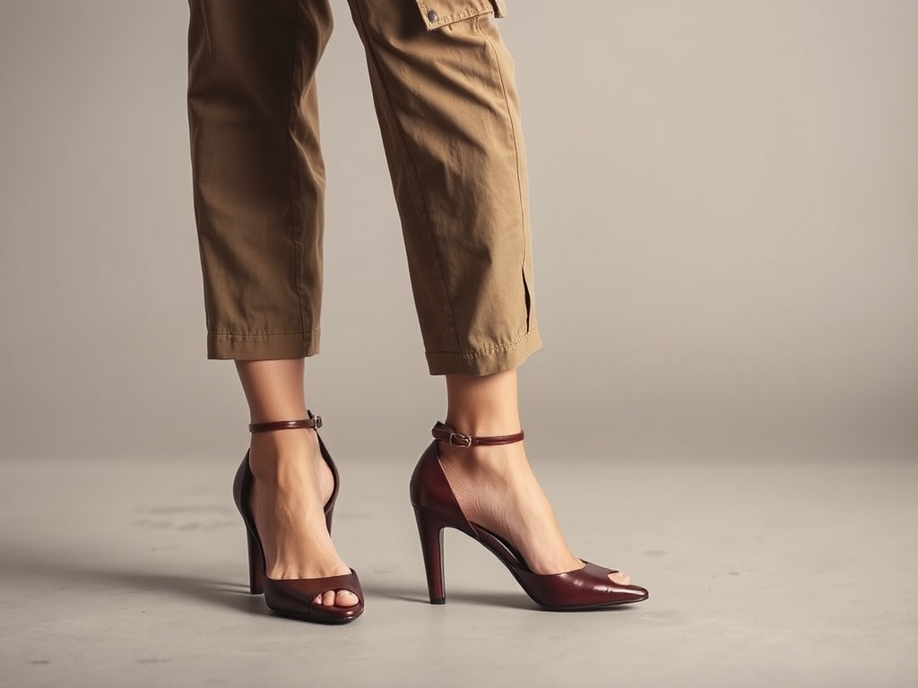 Une femme porte des talons hauts bordeaux avec un pantalon beige, montrant élégance et style.