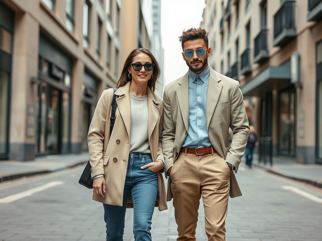 Un couple élégant se promène dans la rue, portant des lunettes de soleil et des vêtements chics.