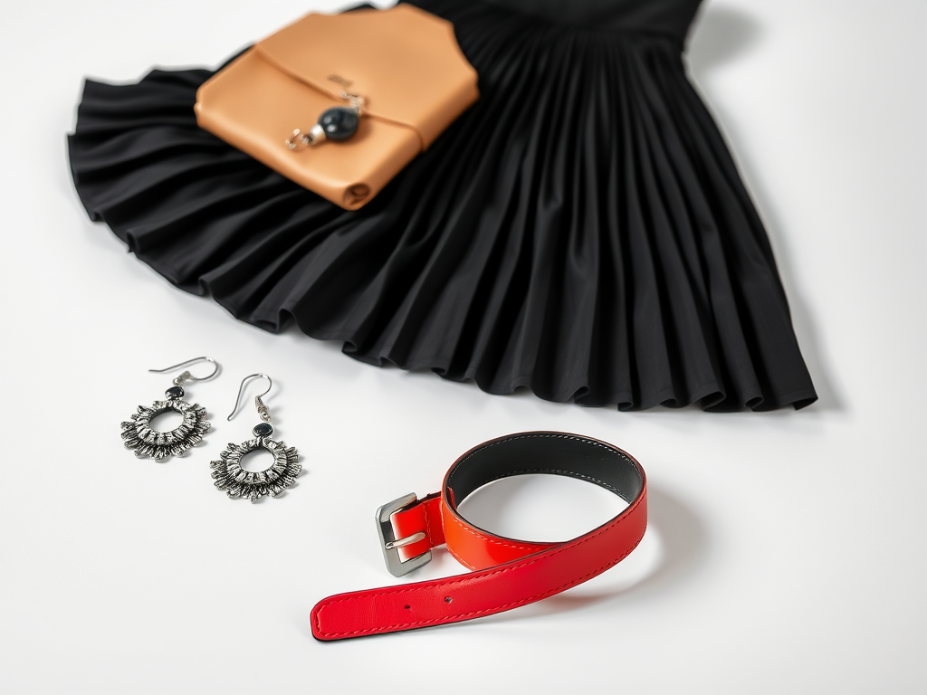 Robe plissée noire, boucles d'oreilles argentées, ceinture rouge et sac à main beige sur une surface blanche.