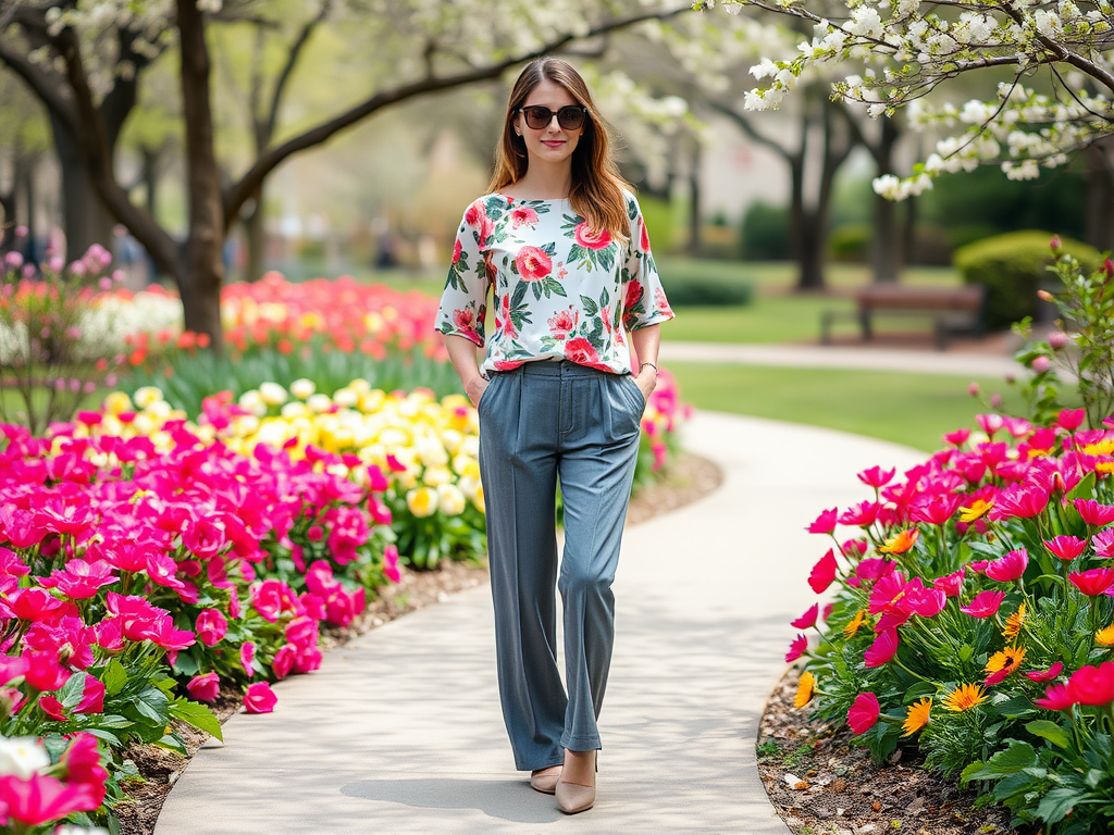 Une femme élégante se promène dans un jardin fleuri avec des tulipes colorées au printemps.