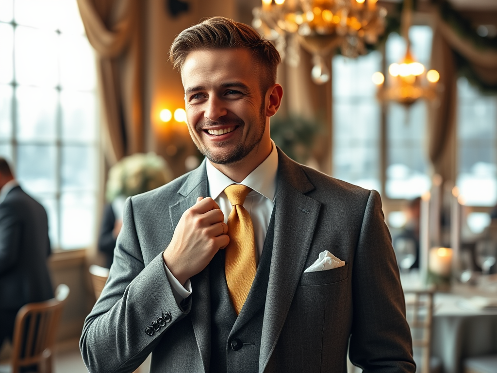 Un homme souriant en costume gris avec une cravate jaune, dans un décor élégant et chaleureux.