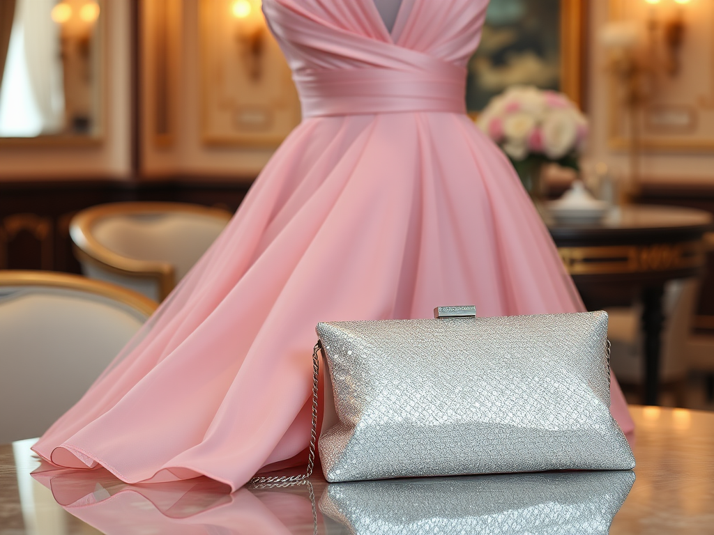 Une robe rose élégante et un sac argenté posés sur une table dans un cadre raffiné.